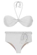 Carica l'immagine nel visualizzatore di Gallery, Product Front: Rio De Sol Ensemble Set Shimmer-White Twist Belted-High-Waist