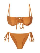 Carica l'immagine nel visualizzatore di Gallery, Product Front: Rio De Sol Ensemble Set Shimmer-Nocciola Balconet-Tie Cheeky-Tie-Gold
