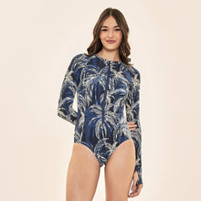 Carica l'immagine nel visualizzatore di Gallery, Model Front: Uv Line Une Pièce Swimsuit Macae Coconut Palms Navy Blue Upf50+
