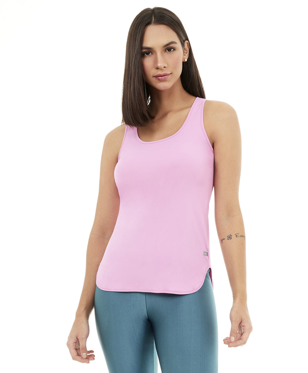 Model Front: Alto Giro Fitness Haut Regata Skin Fit Alongada Rosa Happiness