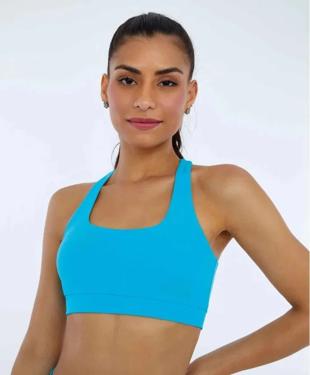 Model Front: Alto Giro Fitness Haut Top Hyper Costas Cruzadas Azul Scuba