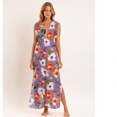 Model Front: Rio De Sol Vêtement De Plage Garden-Flower Long Dress Soleil