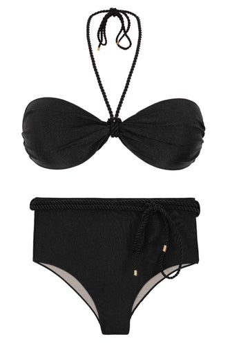 Product Front: Rio De Sol Ensemble Set Shimmer-Black Twist Belted-High-Waist